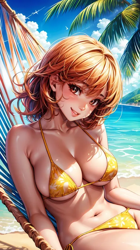 (best quality, ultra-detailed, photorealistic), perfect body, detailed facial features, beautiful eyes, luscious lips, cute printed micro bikini, golden sandy beaches, crystal clear water, tropical palm trees, warm sunlight, vibrant colors, joyful laughter...