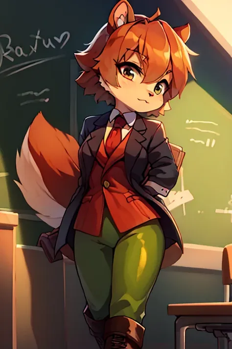 boy, squirrel, furry, bodyfur, blazer, bottomless, green tights, gloves, boots, school