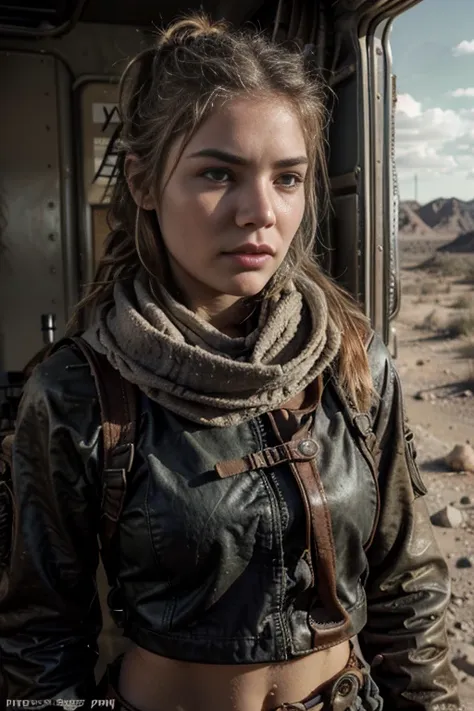 Nordic woman with backpack and scarf in the desert., in a post apocalyptic setting, al estilo Mad Max, Retrato Chica Rugged, post - apocalyptic cowgirl, imogen poots como un guerrero santo, post - apocalyptic vibe, side Retrato Chica Rugged, Post - Apocaly...