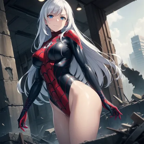 1girl,big breasts,standing in ruined city,(8k),scratches,detailed face,white hair,navy blue eyes,long hair,embarassed,small smile face,high_res, high_definition,the battlefield,Heroic pose,dark suit,(symbiote spider man Custome:1.1),