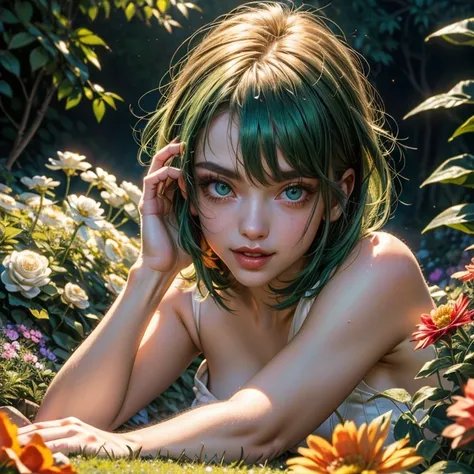 (Extreme Detail CG Unity 8K wallpaper, masterpiece, highest quality), (exquisite lighting and shadow, highly dramatic picture, cinematic lens effect), (Leeloo: 1.4), delicate facial features, charming smile, star eyes, ((dark green hair)), tight top, white...