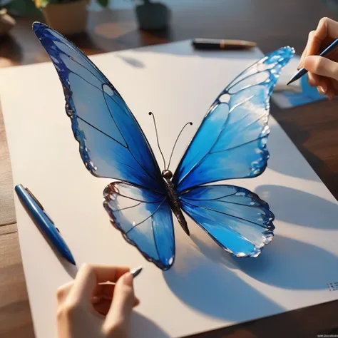 produced by ais-rcn，8k photo，letter，like a blue butterfly，dancing with the pen，transform ideas into beautiful works of art，flexi...