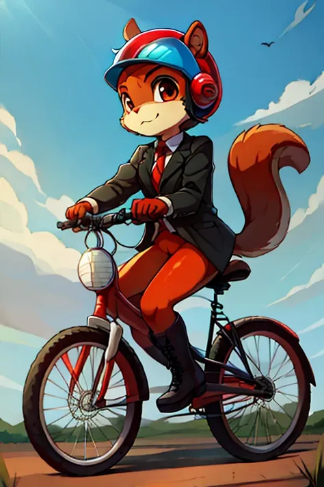 boy, squirrel, furry, bodyfur, blazer, color tights, bottomless, gloves, boots, ride, bicycle, helmet