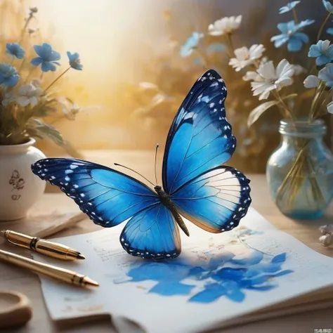 produced by ais-rcn，8k photo，letter，like a blue butterfly，dancing with the pen，transform ideas into beautiful works of art，flexi...