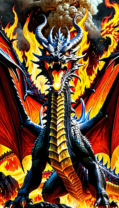 Create a realistic image of a large dragon in the middle of hell., He opened his mouth and spewed out lava, burning his eyes and ears and spewing flames out of his mouth..