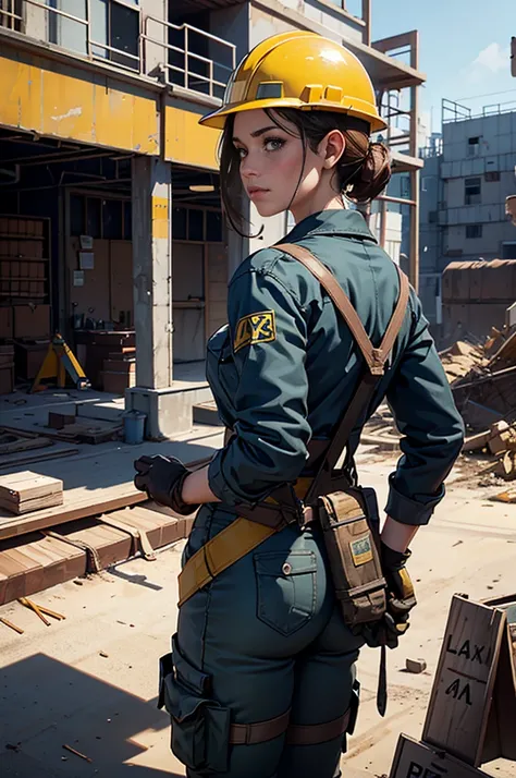 (High resolution,4K,highest quality:1.2),Very detailed,(Realistic:1.37), Girl at the construction site, wear long sleeve shirts, cargo pants, Helmet, Safety harness for working at height, Large-scale construction site,Professional,Industrial Lighting,Vibra...