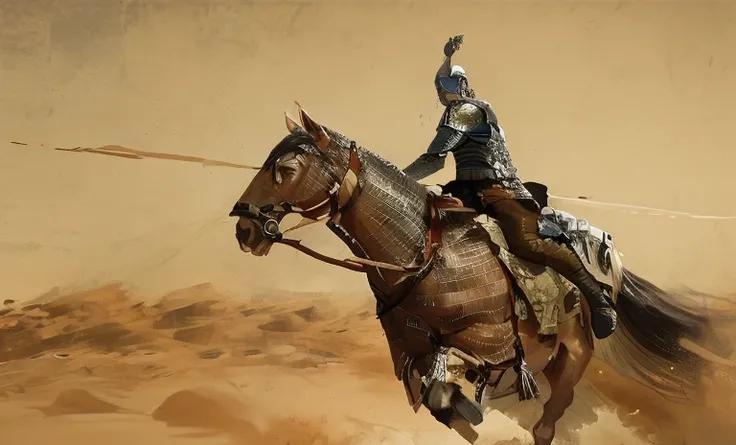 semi-realistic anime, man riding armoured horse across an ancient antiquity battlefield