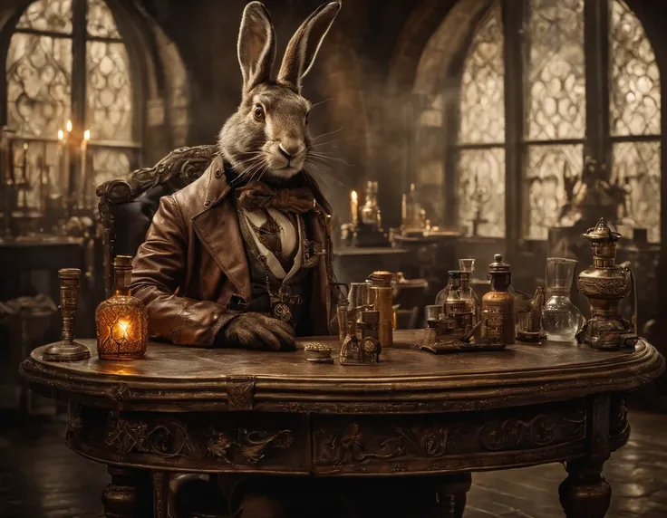 An anthropomorphic muscular hare is sitting in front of a table in an ancient castle, there is an ashtray on the table, a bottle of whiskey, a luxurious interior of the castle, cinematic lighting, RAW