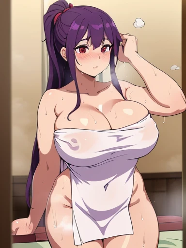 （1 female:1.1），(masterpiece，highest quality，Drawing border depth，Anatomically correct,Accurate depiction,High resolution:1.2),anime，(Purple hair tied up,Red eyes,Very large breasts, Naked Towel:1.2),(bedroom, steam, Wet Skin,blush,Looking at the audience:1...