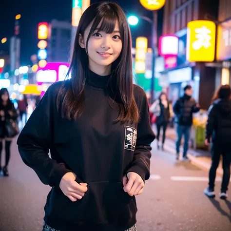 2 girls、Fukuoka、Hakata、Zhongzhou、Lined with food stalls、street vendors、nightclub、night cityscape、Neon Street、full bodyesbian、a closeup、A smile、、(8K、Raw photography、top-quality、​masterpiece:1.2)、(realisitic、photo realisitic:1.37)、Highly detailed eyelash dra...