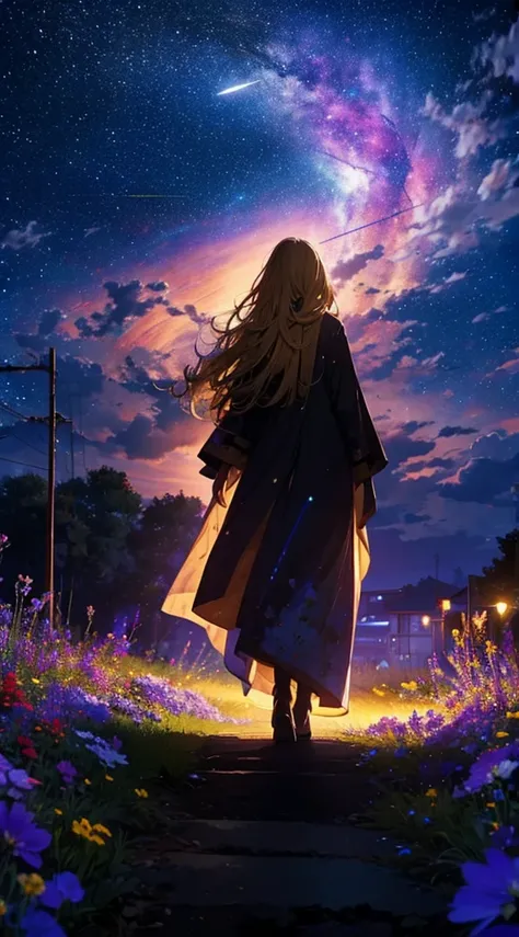 １people々々々々々々,Blonde long-haired woman，Long coat， Dress Silhouette， Rear View，Space Sky, Flower Field，Colorful flowers