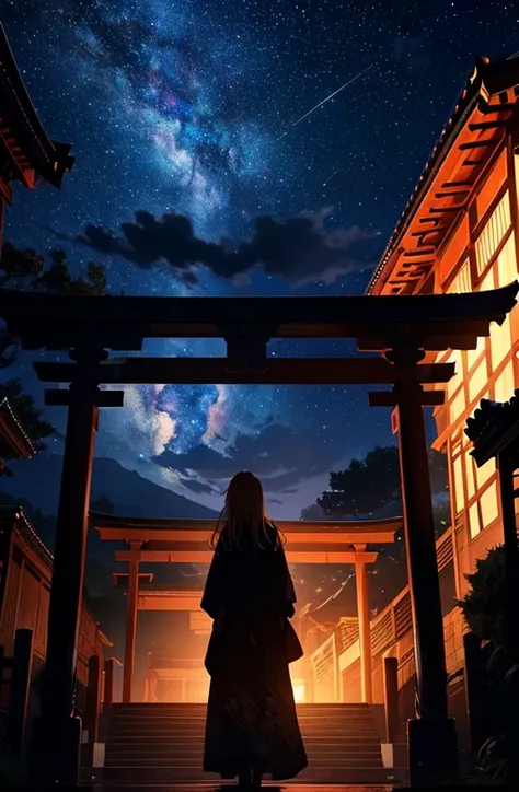 １people々々々々々々々,Blonde long-haired woman，Dress Silhouette， Rear View，Space Sky, Countless torii gates lined up，