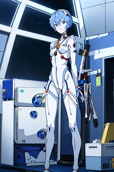 (俯瞰figure),Dynamic Angle,Very detailed, figure, close, Straight, One girl, 
 ((Rei Ayanami, Interface Headset, White bodysuit:1.4, Blue Hair)),Her eyes shone like dream-like stars,(Glowing Eyes:1.233),(Beautiful and detailed:1.1),(Expressionless,Mouth clos...