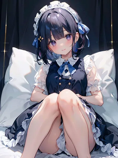 1 girl、uniform、White shirt、Dark blue ribbon、Pink Ribbon、Dark blue checked skirt、Frills、Beautiful feet、Black Hair、Short Bob、Bobcut、Ribbons on either side of the head、Round eyes、See-through、smile、Big Breasts、Small eyes、barefoot、Gold Button