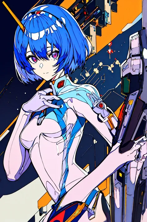 (俯瞰figure),Dynamic Angle,Very detailed, figure, close, Straight, One girl, 
 ((Rei Ayanami, Interface Headset, White bodysuit:1.4, Blue Hair)),Her eyes shone like dream-like stars,(Glowing Eyes:1.233),(Beautiful and detailed:1.1),(Expressionless,Mouth clos...