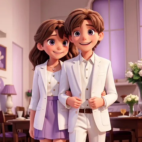 Brown haired girl in white dress and white haired boy in lilac suit hugging laughing at a party 