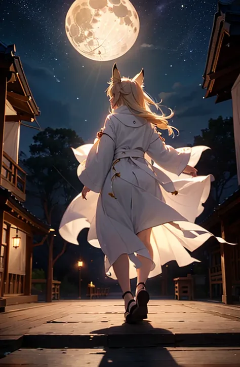 １people々々，long hair blonde woman，fox ears，white long coat，geta， dress silhouette， rear view，space sky, shrine，countless lanterns...