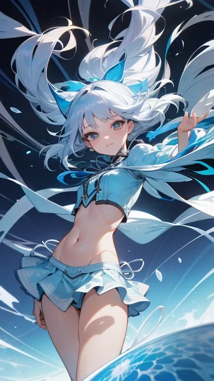 Integrated 8K wallpapers, Super detailed, beautifully、aesthetic, masterpiece, highest quality, (Fractal Art: 1.4), One girl, Silver Hair、Short skirt, Thighs、Calf, belly button,feet，Very detailed, Dynamic Angle, Cowboy Shot, (The most beautiful form of chao...