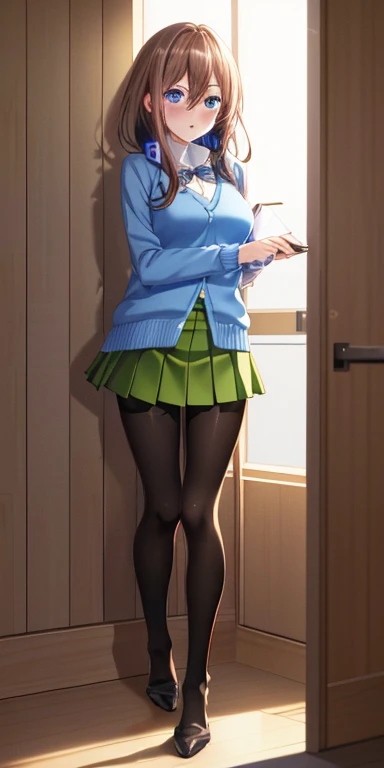 masutepiece, Best Quality, (Very detailed CG Unity 8K wallpaper) (Best Quality), (Best Illustration), (Best Shadows), Miku Nakano, Brown hair, Blue eyes, classroom, Beautiful detailed eyes, looking at viewer,(Blue Cardigan),(Short green pleated skirt),(Bla...