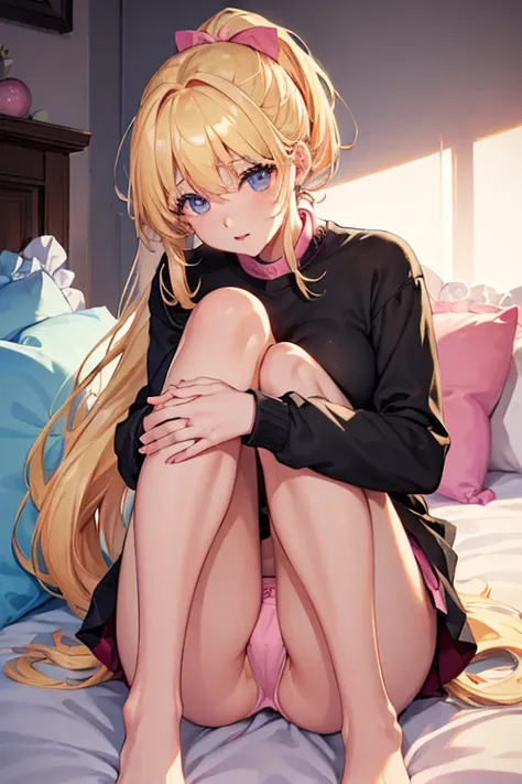 (((Put your hand in your panties)))、hug２Top quality talent　Deep Kiss　joy　Intertwining tongues　beautiful girl　Black and blonde ponytail　On the bed 、Pink good、Pink Panties、Small breasts