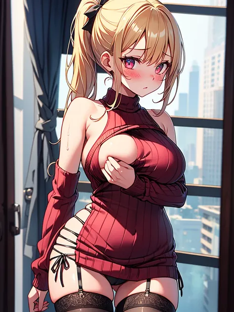 (highest quality, High resolution, perfect pixel, Depth of bounds written, 4K), from below, hotel room, (cowboy shot), detailed eyes, (1 lady), tall, (skinny body:1.2) , (thin thighs:1.2), large breasts, (side boob), blond hair, (side ponytail:1.2), (burgu...