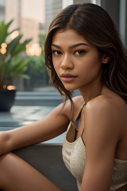 zendaya,in  taking selfie,sitting, realistic, 4k realistic, soft lighting, detailed, Full hd realistic
