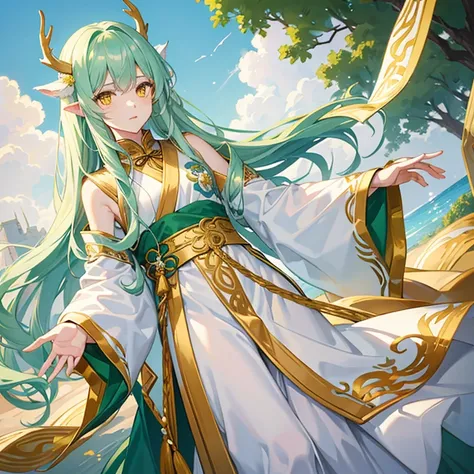 Attractive tall manly man, slim build, pale complexion, yellow eyes, pointed ears, long flowing green hair, small golden deer antlers, completely white and sky blue Chinese traditional costume with clouds around.