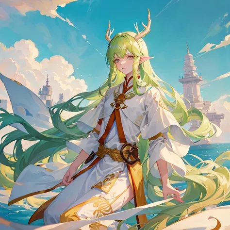 Attractive tall manly man, slim build, pale complexion, yellow eyes, pointed ears, long flowing green hair, small golden deer antlers, completely white and sky blue Chinese traditional costume with clouds around.