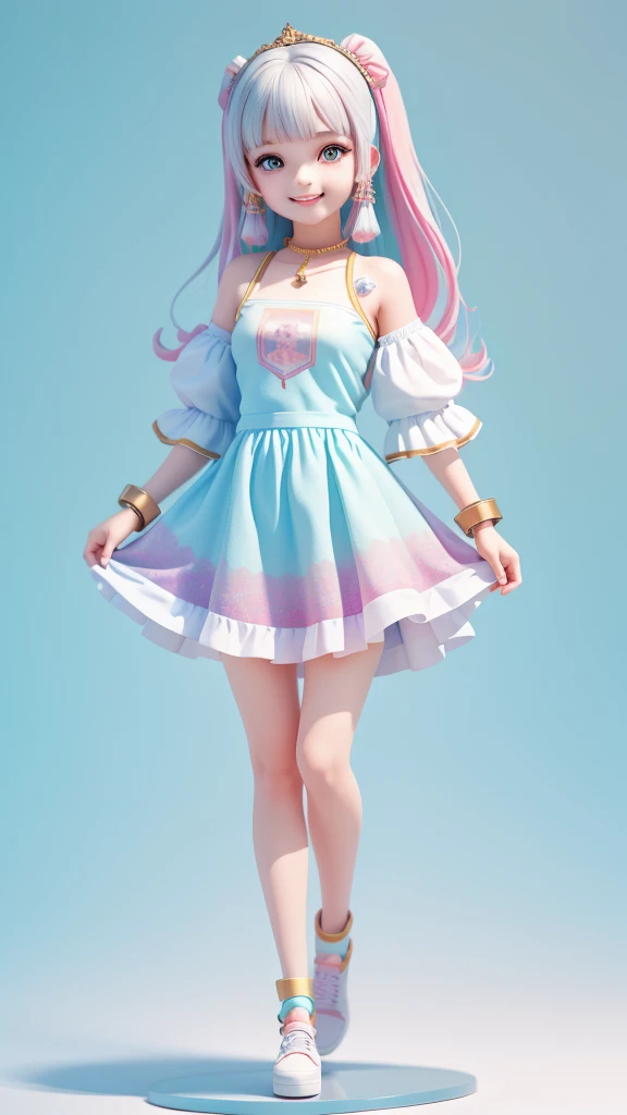 (Masterpiece), (Best Quality), (Ultra-detailed), (Full Body: 1.2) Teen Girl, Light and Detailed, Clear Smile, Full Body, Modern Hair, Modern Accessories, Pastel Background, Colorful and Simple.