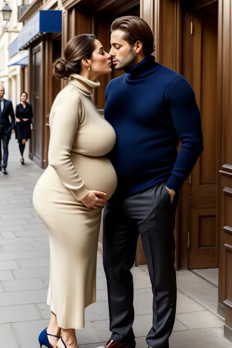 fine art portrait of a very elegant 35yo European lady, kissing a handsome man in the city center, highest quality, sexy face high resolution, Eleonora Pavinat 35yo old, woman, knitted loose sleeveless turtleneck sweater, attractive business trousers, high...