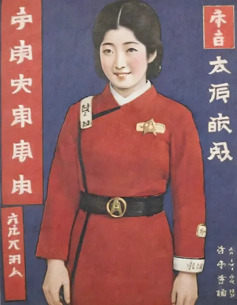 a 1930s japanese ukiyo e prints poster featuring an fullbody japanese female in wokunf red uniform with japanese text