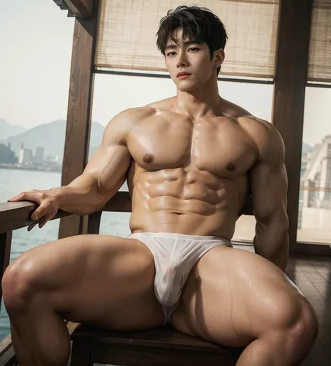 1 handsome Chinese guy，wet body, 18-year-old male high school student，majestic，Who is Shi Yu?, Li Yuanbin, Kim Hyung Tae, Kim Hyung Tae, Yin Shishan, Handsome Chinese muscular guy，Broad shoulders and narrow waist，A handsome guy wearing white brief, wet ski...