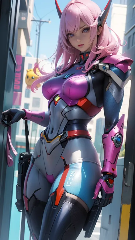 (La mejor calidad,A high resolution,Ultra - detallado,actual),un primer plano de una mujer con un traje ultraman caminando por una calle, girl with mecha cybernetic armor, mecha femenina, cyber fight armor, perfect ciborg animado woman, mech suit, ciborg a...