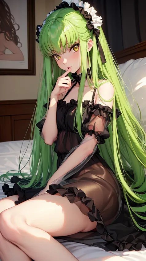 ((best quality)), ((masterpiece)), (detailed), perfect face, perfect budy, 1girl, green long hair, yellow eyes, black babydoll, ((frilly babydoll)), off shoulder, ((see-through)), ((frilly babydoll)), off legs, ((frilly babydoll)), the girl lying on the be...