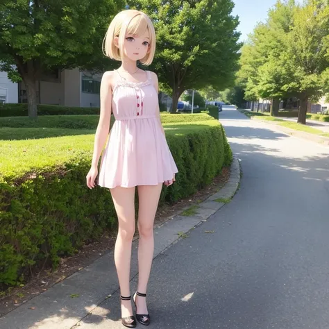 anime girl in a short dress standing on a sidewalk in front of a tree,  in dress, cute anime waifu in a nice dress, anime moe art style, , Anime visuals of cute girls, Cute Anime Girl, Anime Style. 8K, Smooth Anime CG Art, realistic anime 3 d style, pretty...