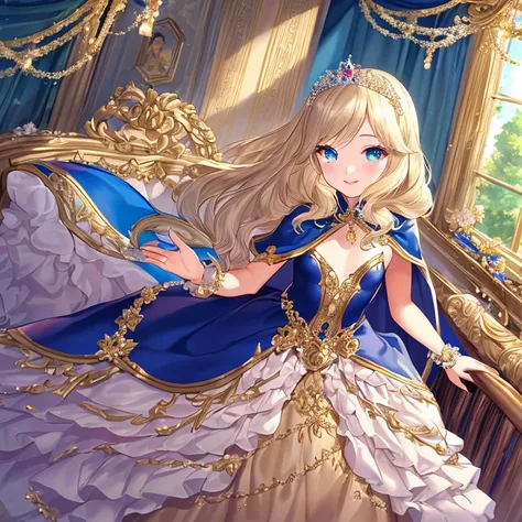 (kawaii),(best quality),(ultra detailed),(rococo style),(long train beige cape:1.15), very long cape,(long train beige ball gown with flower decorations), a girl is wearing a cape over her gown, 1 little princess, tiara with blue jewelry, smile, very long ...