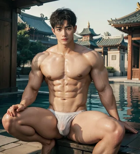 1 handsome Chinese guy，wet body, wet hair, 18-year-old male high school student，majestic，Who is Shi Yu?, Li Yuanbin, Kim Hyung Tae, Kim Hyung Tae, Yin Shishan, Handsome Chinese muscular guy，Broad shoulders and narrow waist，A handsome guy wearing white brie...