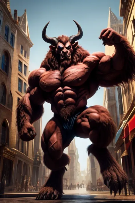 A photorealistic image of the Beast from the movie Beauty and the Beast, super muscular giant, with muscular arms, broad shoulders, giant and toned physique, bursting muscular veins, blue eyes, tail, super furry brown fur, backward facing horns, with veins...