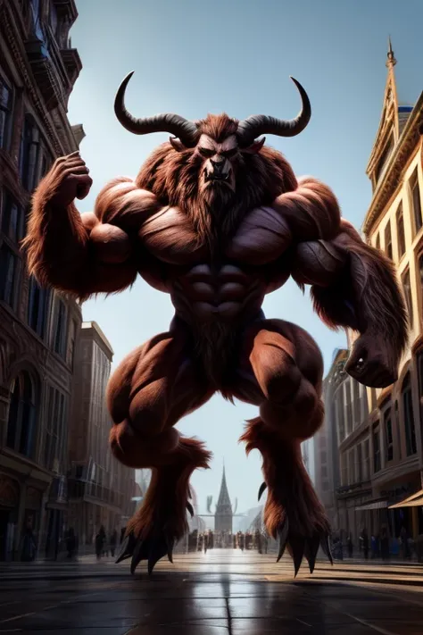 A photorealistic image of the Beast from the movie Beauty and the Beast, super muscular giant, with muscular arms, broad shoulders, giant and toned physique, bursting muscular veins, blue eyes, tail, super furry brown fur, backward facing horns, with veins...