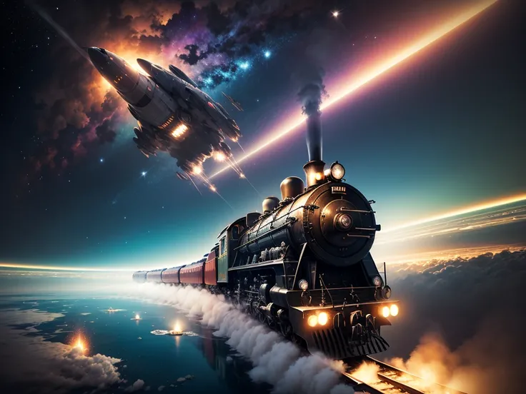 Steam locomotive in space、SL floating in space、Earth visible in the distance、４Both formations、Train-shaped spaceship、Space Railway、Space Station