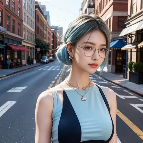 (masterpiece, highest quality, highest quality), (((Perfect body))),Ragged hair,Middle Hair,Chignon Hair,Light blue hair color,Trending Fashion,beautifully,Mysterious:1.2, (One Girl:1.3), Very detailed, Mature Woman,A kind smile,Boston-type glasses, (Mouth...