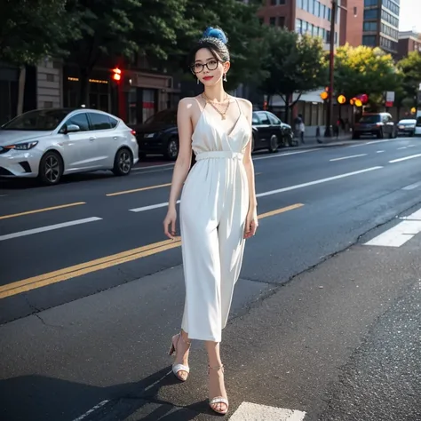 (masterpiece, highest quality, highest quality), (((Perfect body))),Pale black cotton jumpsuit,Ragged hair,Middle Hair,Chignon Hair,Light blue hair color,beautifully,Mysterious:1.2, (One Girl:1.3), Very detailed, Mature Woman,A kind smile,Boston-type glass...