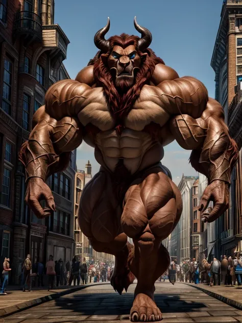 A photorealistic image of the Beast from the movie Beauty and the Beast, super muscular giant, with muscular arms, broad shoulders, giant and toned physique, bursting muscular veins, blue eyes, tail, super furry brown fur, backward facing horns, with veins...