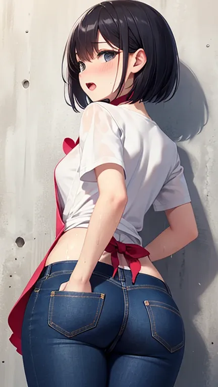 (woman in skinny tight navy jeans), (long jeans), detailed face, (black apron), white t shirt, standing, bed room, from behind, heart shaped pocket, spread legs, two hands on wall, slim, slender, 28 years old, short bob cut, black hair, nose blush, wet eye...