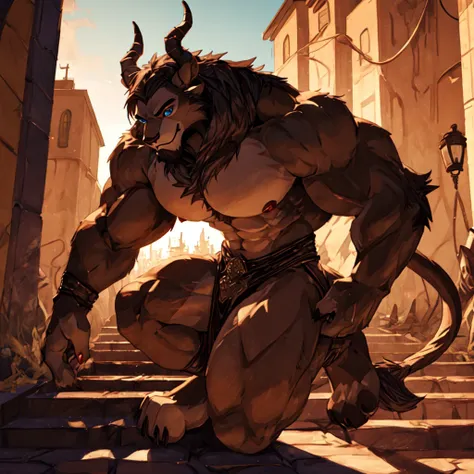 a photorealistic image of the beast from the movie beauty and the beast, super muscular giant, with muscular arms, broad shoulde...