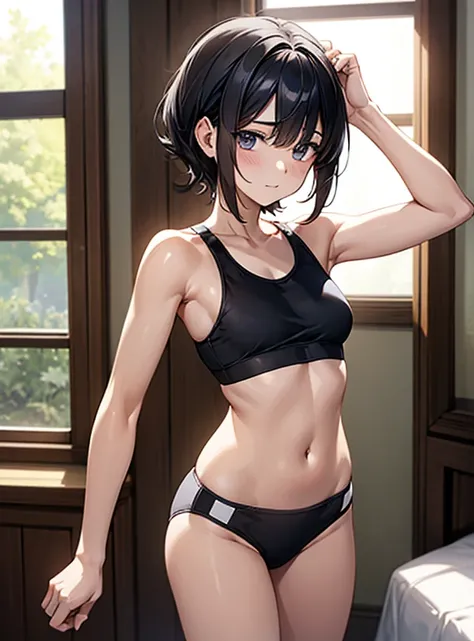 （Hands folded behind your back）、Beautiful breasts、Black Hair、Armpits are visible、Attractive breasts、Beautiful and attractive anime woman, Enchanting anime girl, Top rated on pixiv、Healthy Body、I can see your underwear、Shaving、Slippery、Iris、beautiful girl、、...