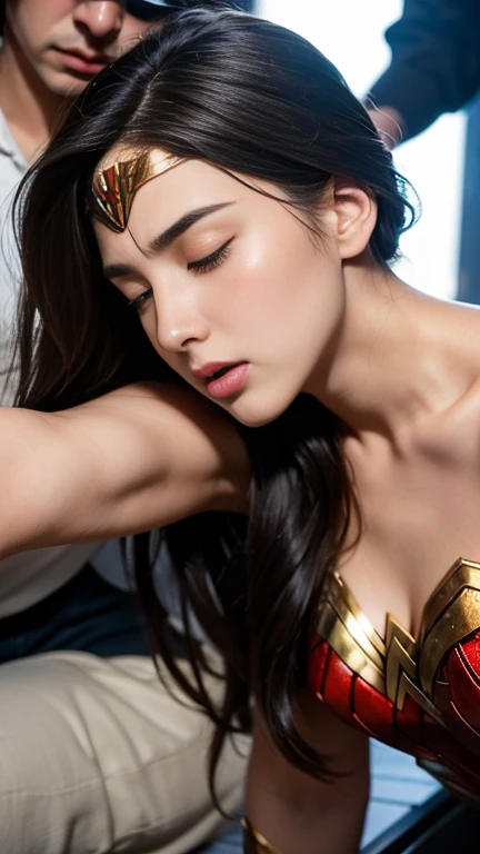 from the side,perfect wonder woman costume,get on all fours,sleeping face,close ~ eyes,open your mouth,tired face,face of suffer...