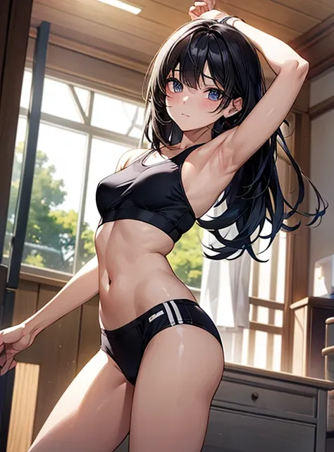 （Hands folded behind your back）、Beautiful breasts、Black Hair、Armpits are visible、Attractive breasts、Beautiful and attractive anime woman, Enchanting anime girl, Top rated on pixiv、Healthy Body、I can see your underwear、Shaving、Slippery、Iris、beautiful girl、、...