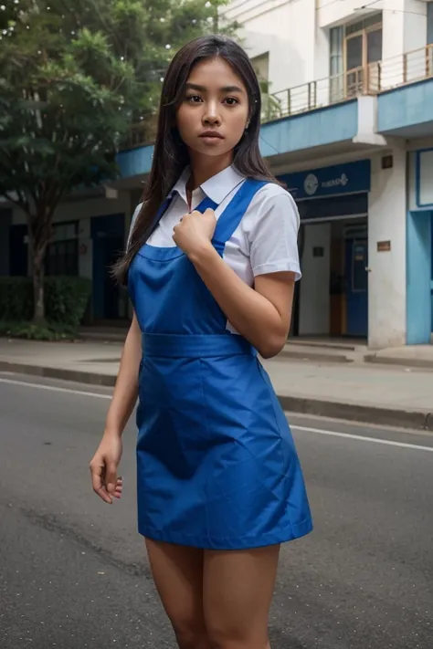 Malay girl, wearing blue uniform, white shirt, blue pinafore dress, full body shot,  High-resolution format, hyper realistic photography, Highly detailed, detailed hairs, Detailed skin, Detailed eyes,