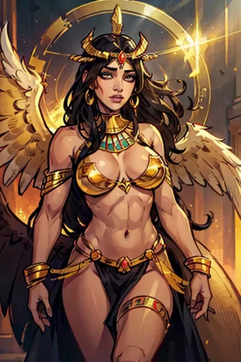 (best quality,4k,8k,highres,masterpiece:1.2),ultra-detailed,(realistic,photorealistic,photo-realistic:1.37),goddess Isis,beautiful young women,emerald brown eyes,dark black wavy hair,egyptian queen,serene expression,majestic wings,feathers shining with iri...